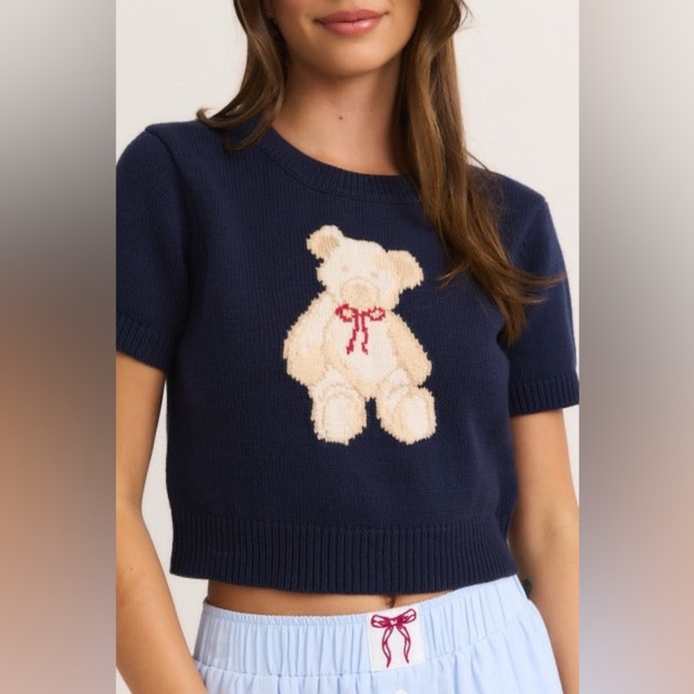 Short Sleeve Crew Neck Teddy Bear Sweater Crop Top - Le Lis - Picture 3 of 7